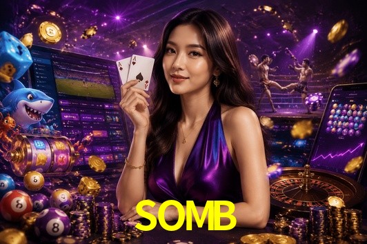 Una escena digital vívida inspirada en casino con SOMB mostrado prominentemente, luces brillantes, fichas, cartas y acentos dorados.