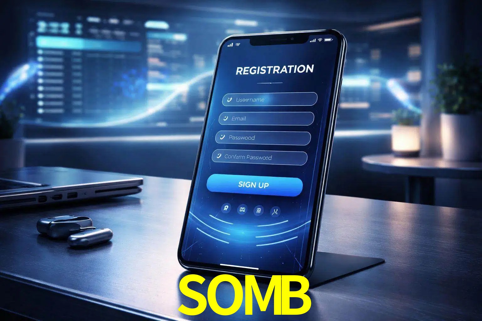Una interfaz moderna de registro móvil para SOMB mostrada en un smartphone con un panel de apuestas elegante.